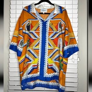 Casablanca Men's Escalier Infini Short Sleeve Silk Shirt in Orange/Blue Size XXL